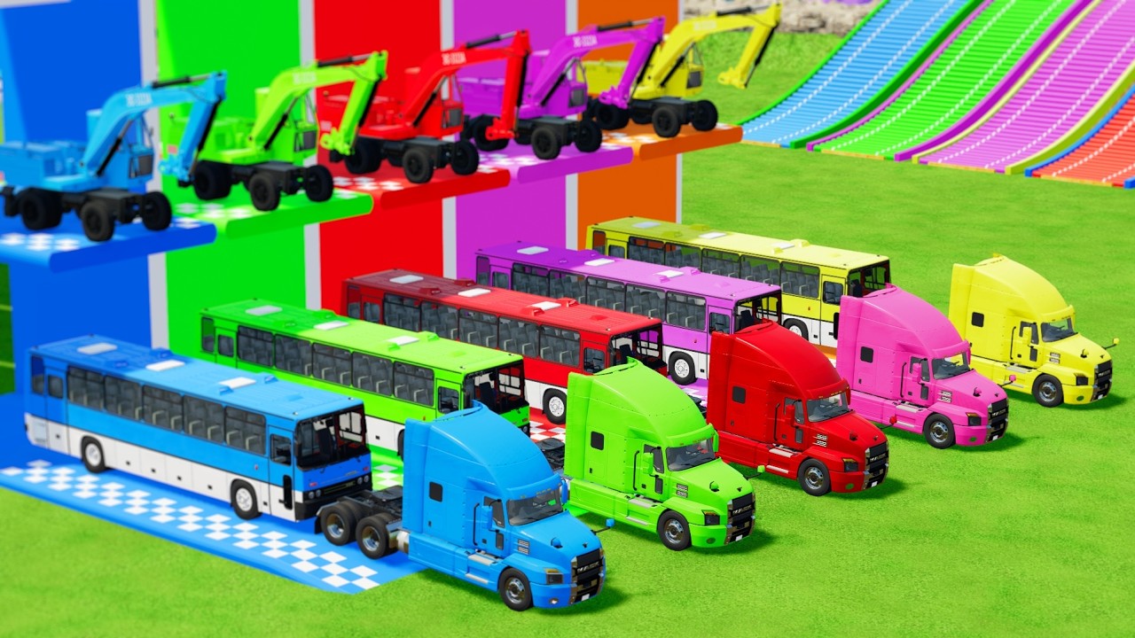 Garage with Colors - ALL MIXER TRUCK WITH DOUBLE FLATBED TRAILER TRUCK, IVECO, DAF, MACK FT PART 11