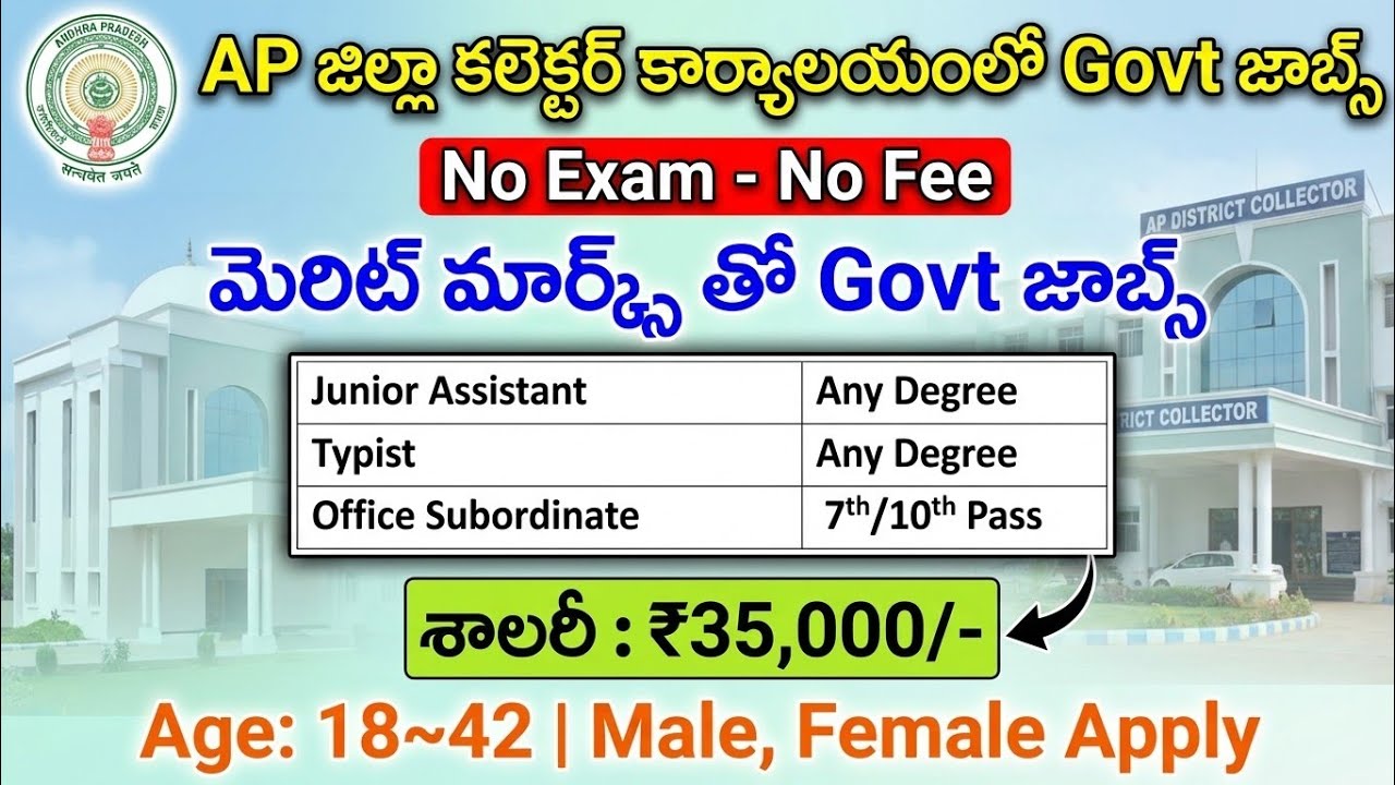 AP జిల్లా కలెక్టర్ కార్యాలయంలో పరీక్ష లేకుండా జాబ్స్ |AP District Collector Jobs Notification 2026