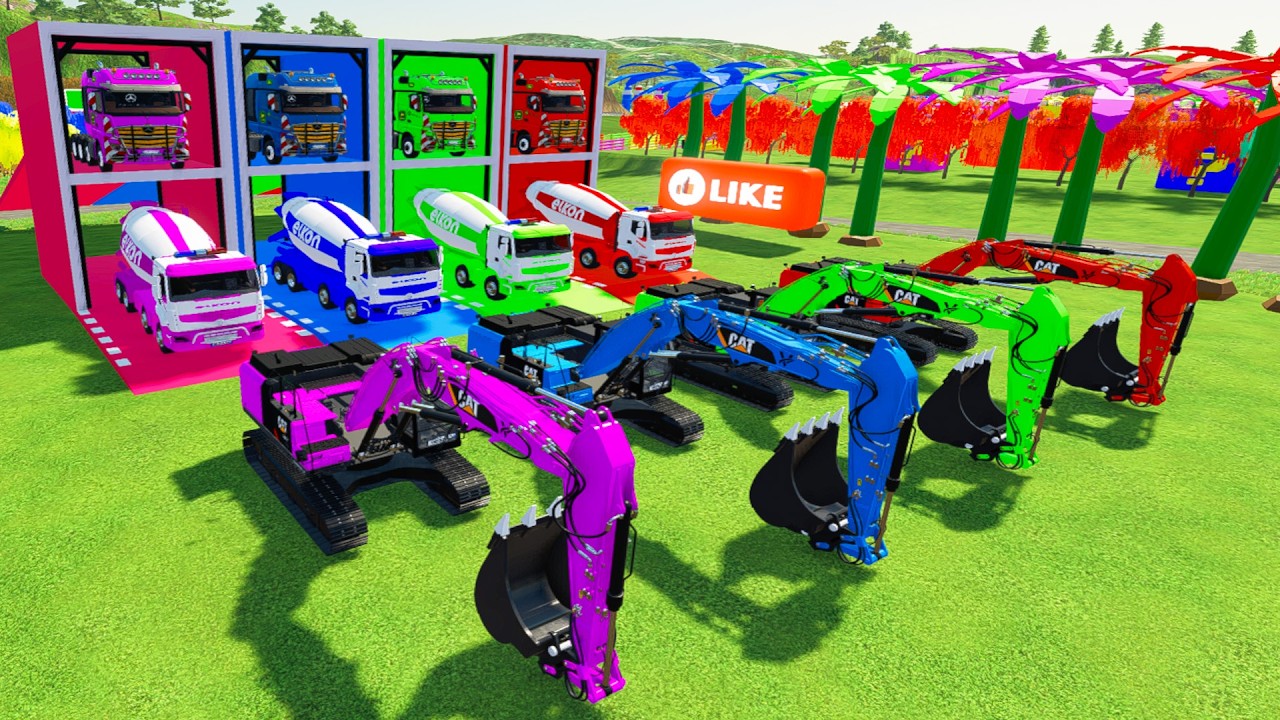 Garage With Colors - ALL COLORFUL CAT 336F EXCAVATOR, RENAULT MIXER TRUCK TRANSPORTING TO GARAGE