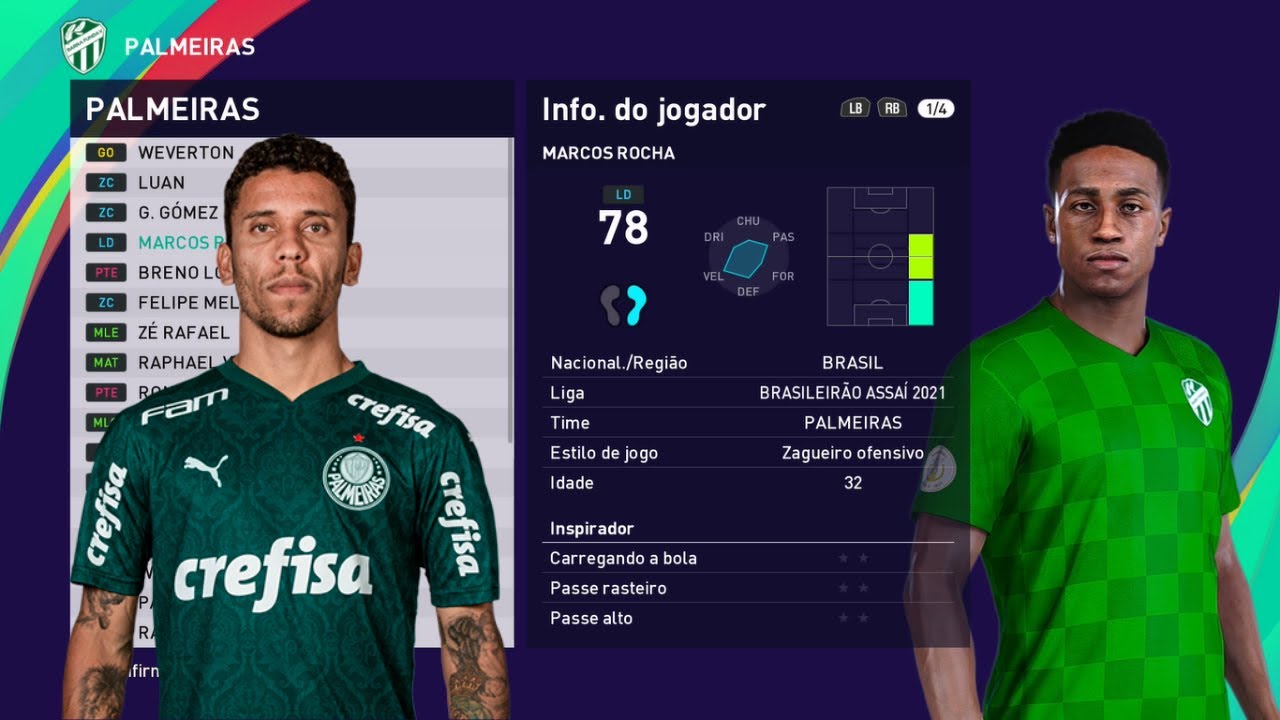Editar Face Habilidades Marcos Rocha Palmeiras PES 2021 Usando Copiar Base