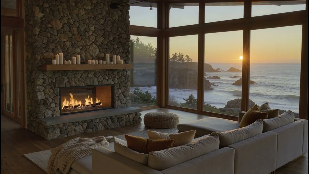 Cozy Fireplace & Ocean Waves at Sunset 🔥🌊 Relaxing Beach House Ambience