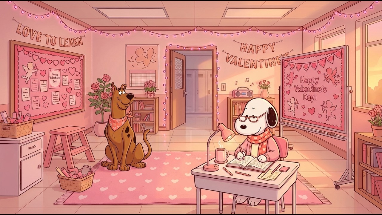 Relaxing Valentine Classroom with Snoopy 💖 Warm Jazz for Couples & Romance 🌹 Cozy Study Ambience