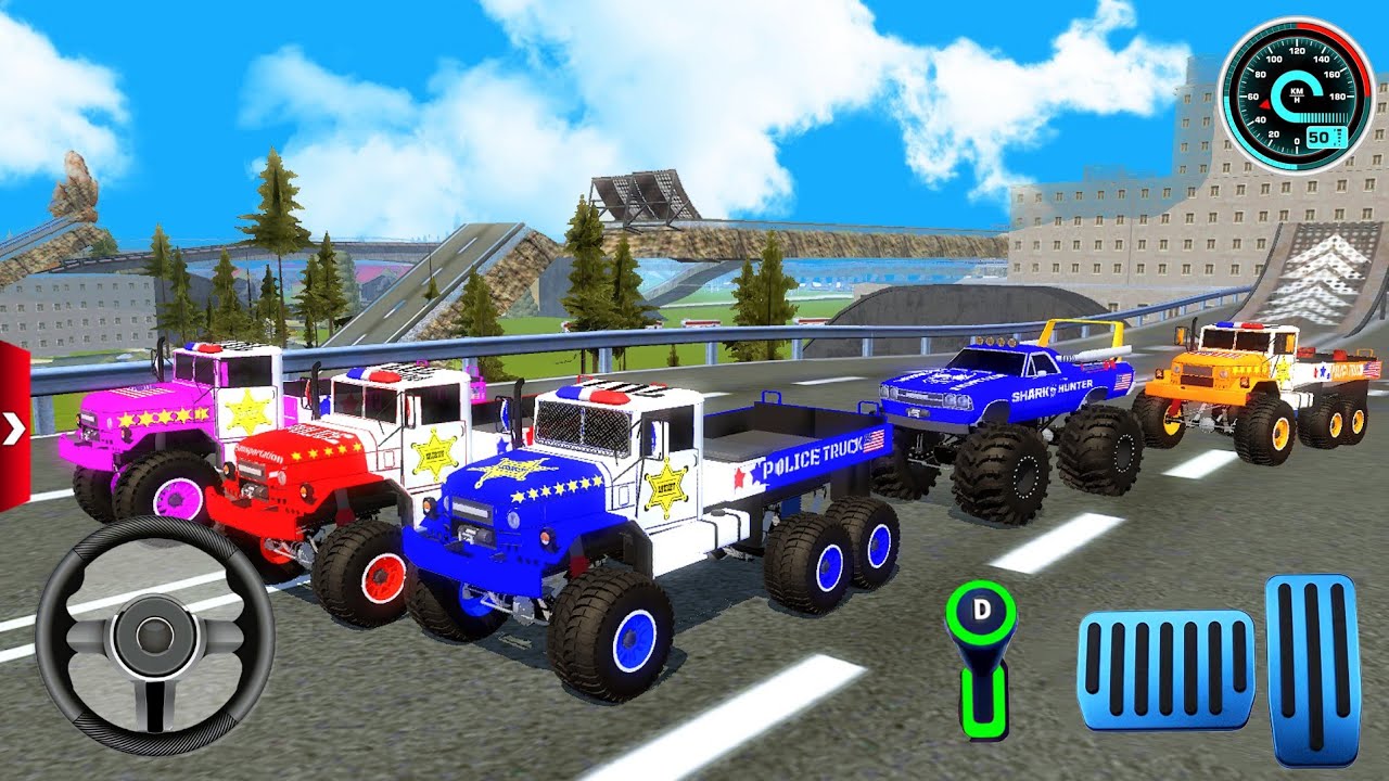 Juego de cinco camiones monstruo de la policía en un nuevo mapa | Five Players Gameplay.
