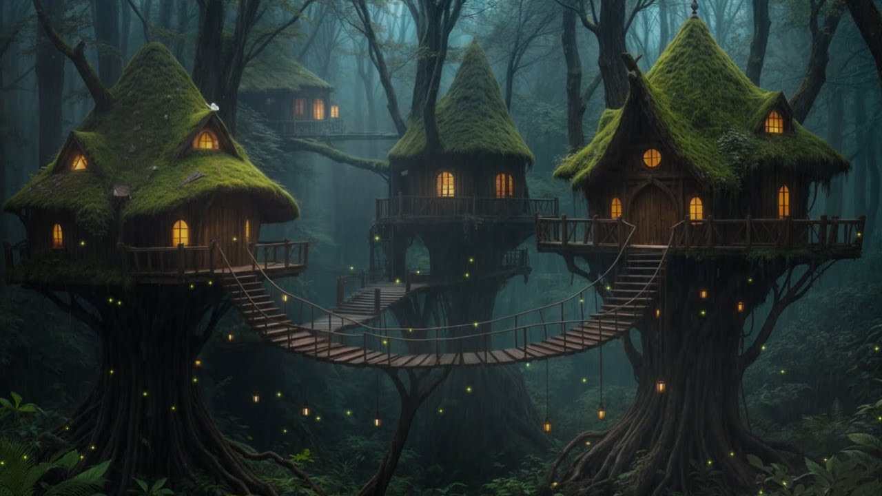 🌙 Rainy Tree Village Beneath the Moon | Calm Night Rain for Relaxation