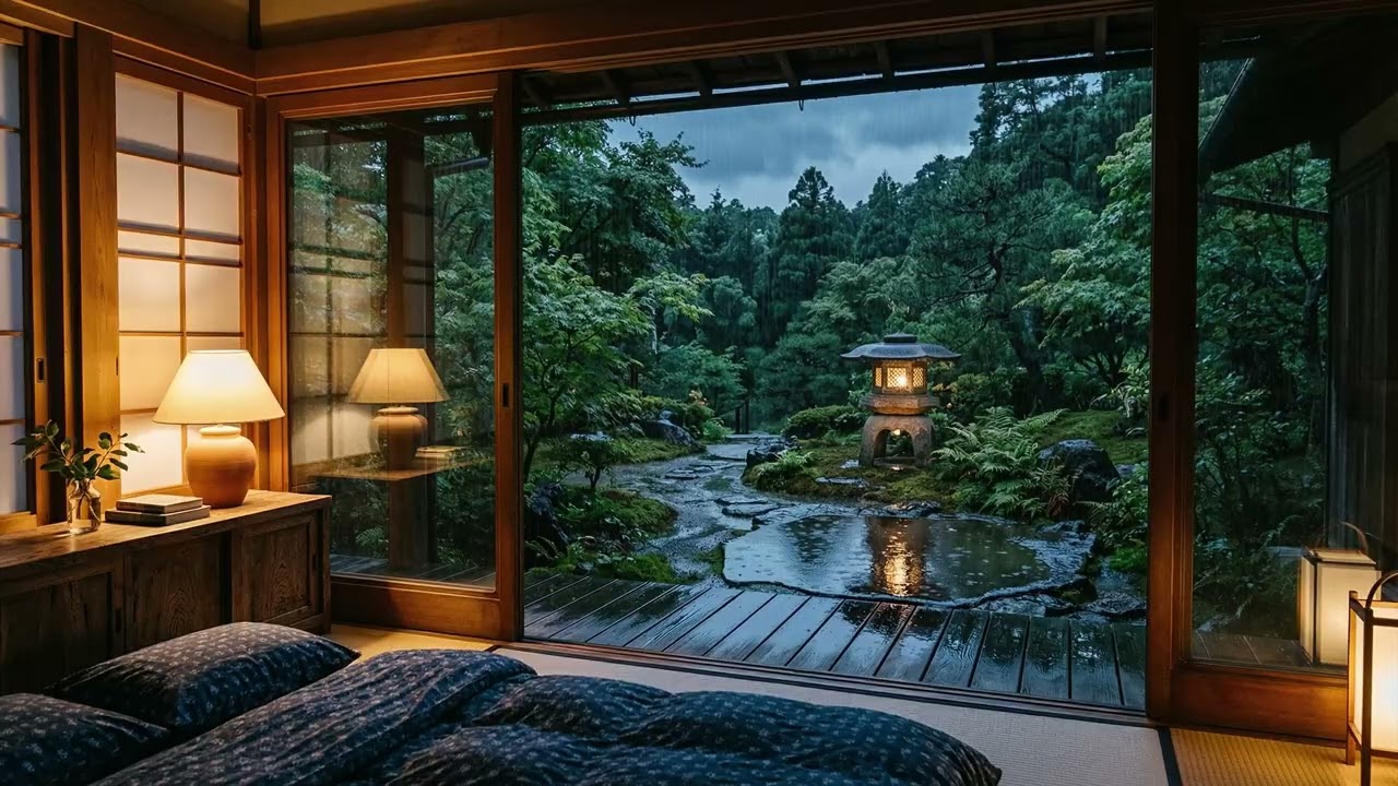 Gentle Rain in Pine Forest Cabin 🌧️ Warm Lamp & Books for Deep Sleep and Cozy Nights