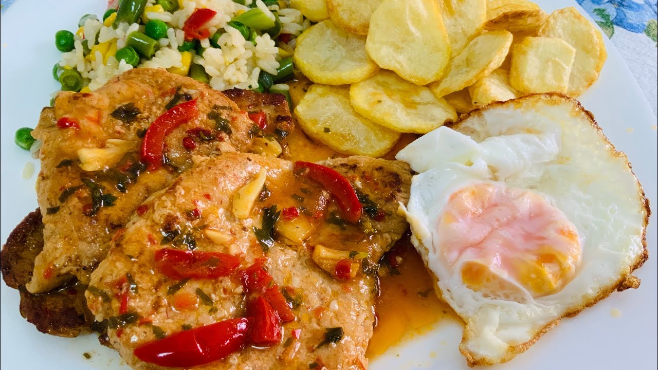 Bife de Porco com Molho de Limão e Salada de Arroz