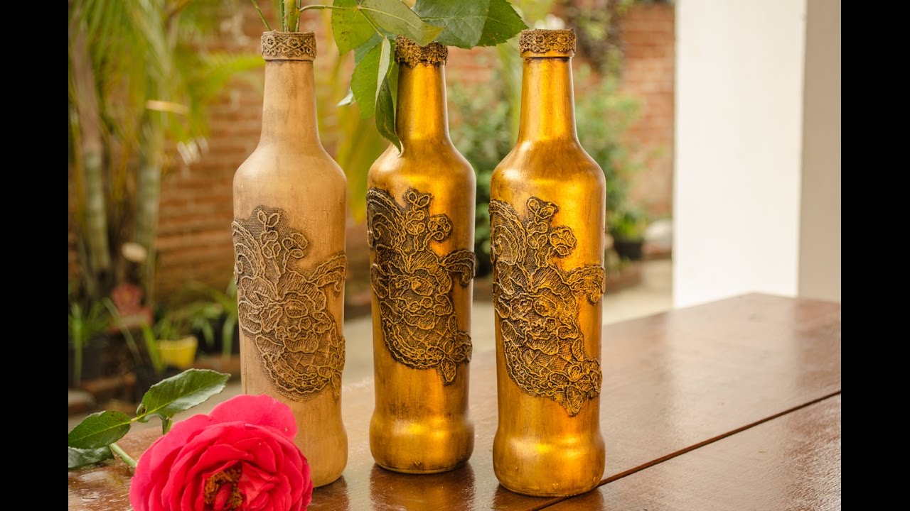 Como Fazer Garrafa Dourada com Renda e Betume