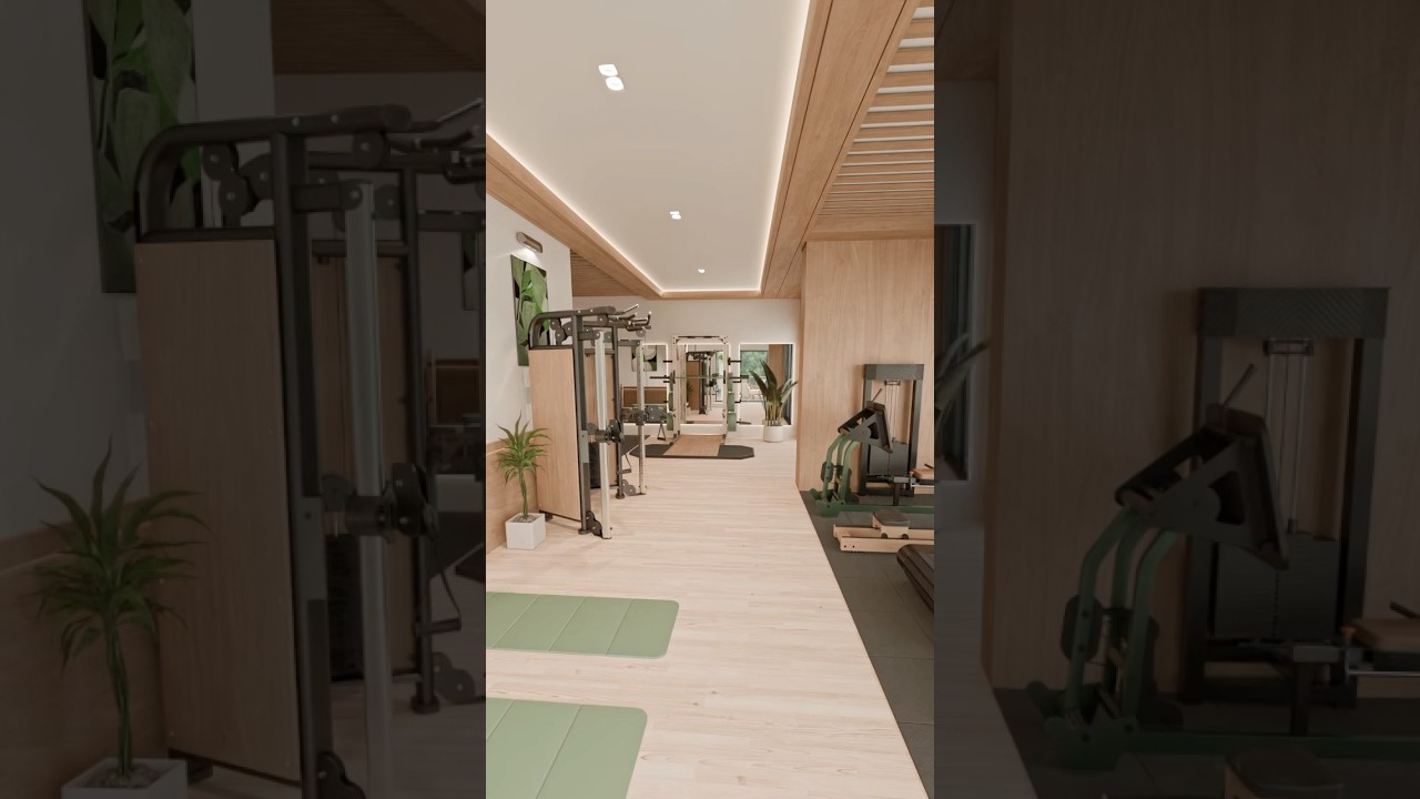 3D Gym Design for a luxury home in West Palm Beach, Florida. Wood accent design+mint green equipment