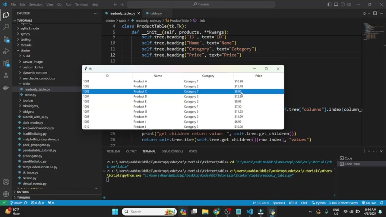 Как создать редактируемую таблицу с помощью Treeview Tkinter (Python)