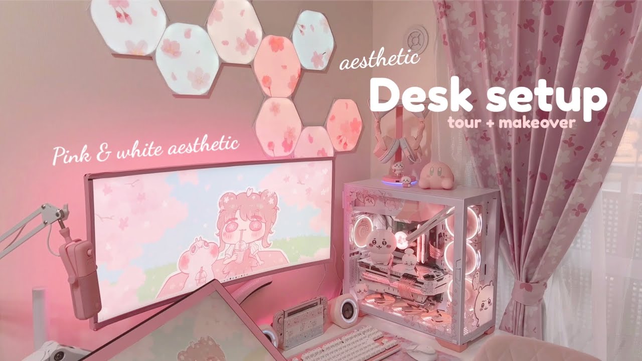 desk setup tour + makeover 🌸 pink & white aesthetic ☁️ PC build | nanoleaf Japan