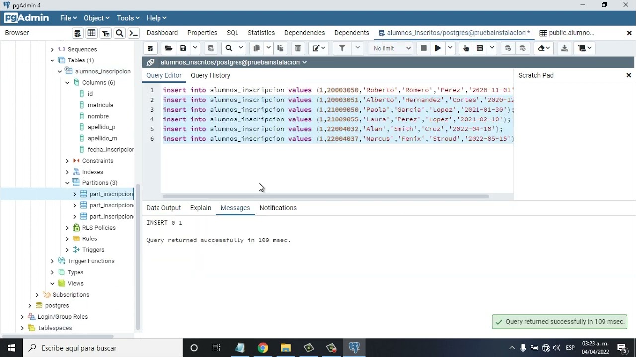 Particion en postgreSQL  - Practica
