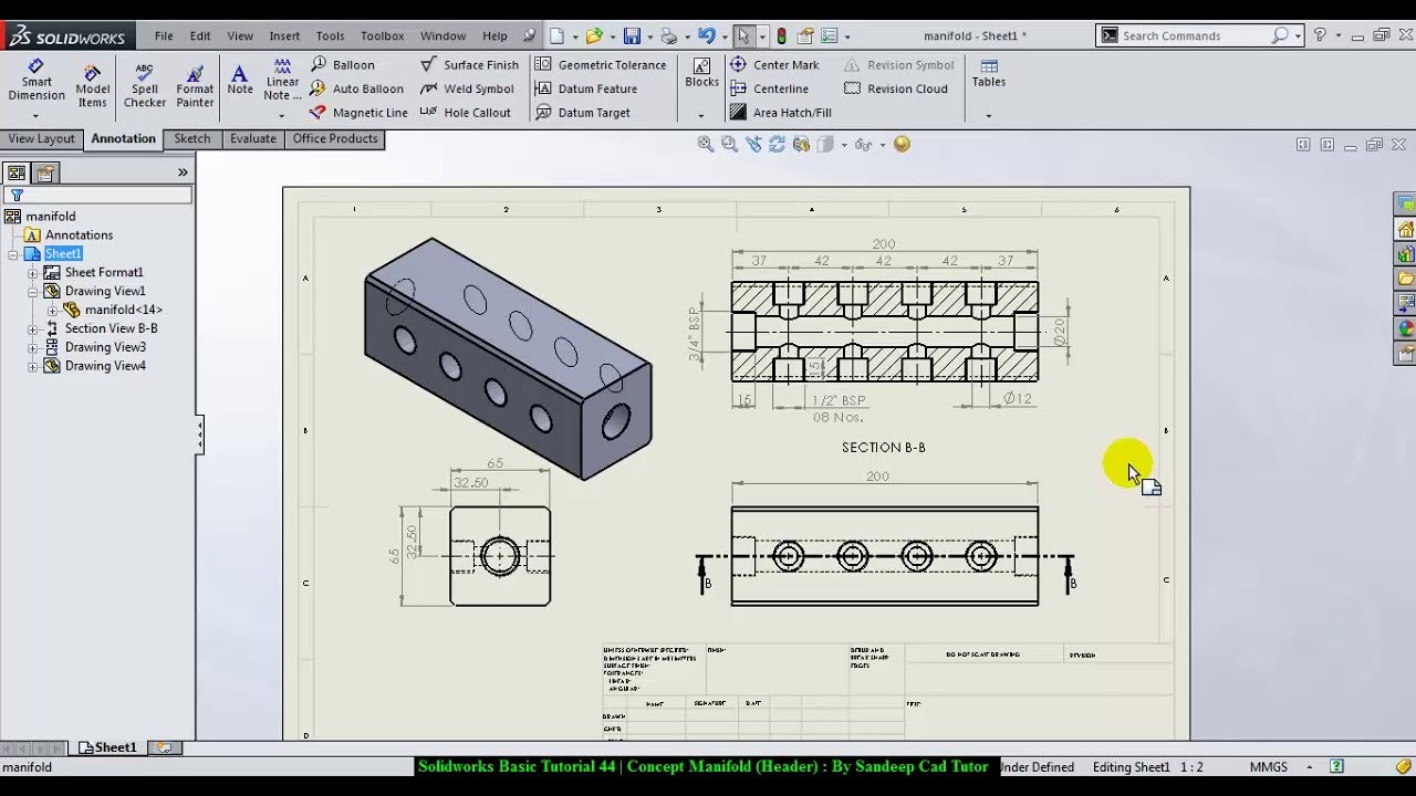 Solidworks Basic Tutorial 44 | Concept Drawing of Hyd. Manifold (Header) with 2D Drawing