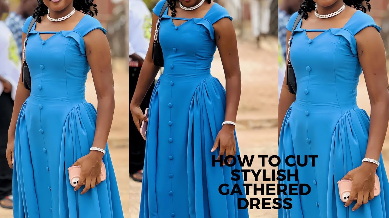 How to Cut side GATHERED Dress with Buttons/DETAILED Tutorial