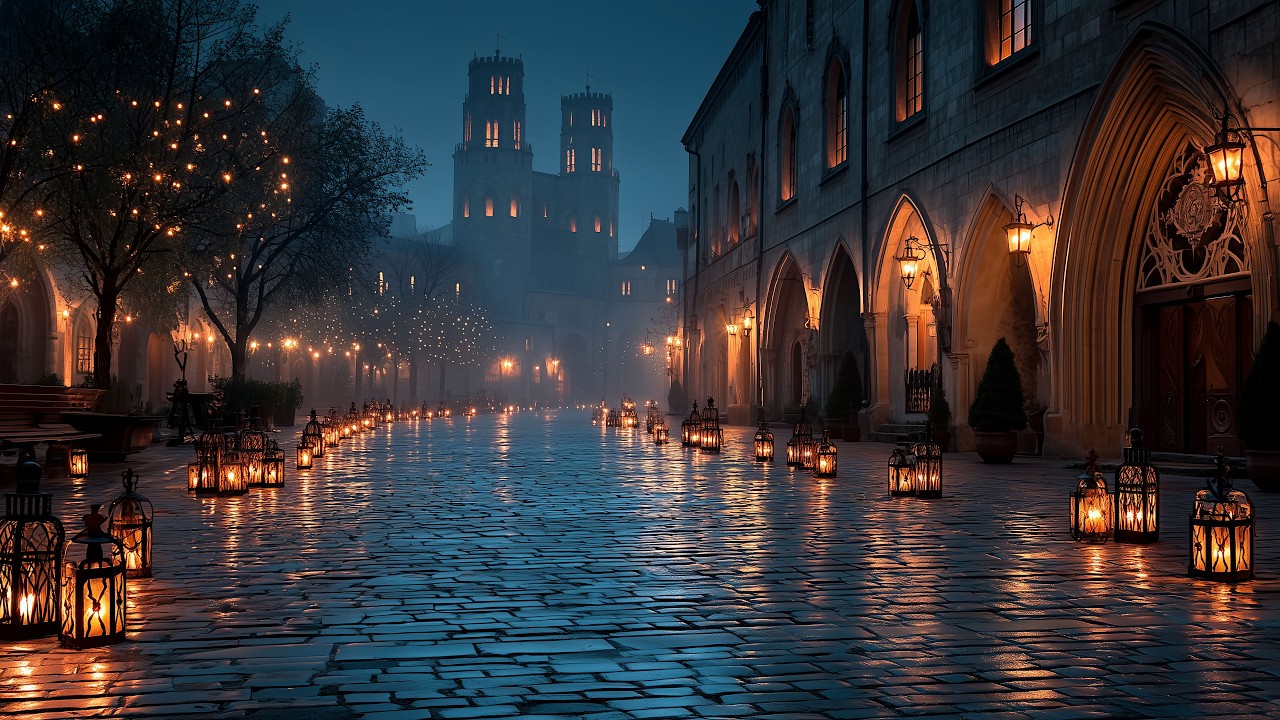 Fantasy Medieval Ambient | Lantern Market Square at Night 🌙 Peaceful Town Ambience