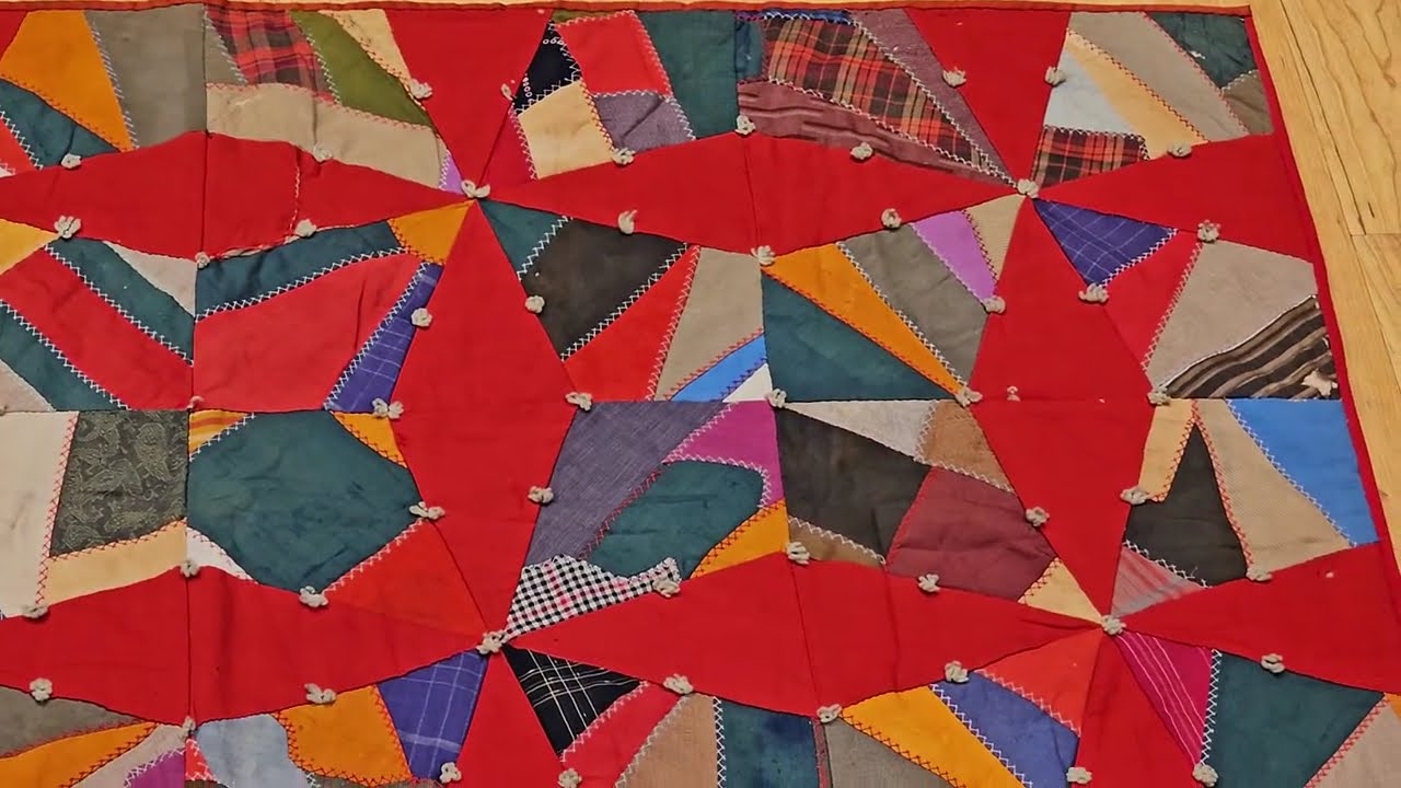 19th Century American Crazy Quilt with Red Stars, 