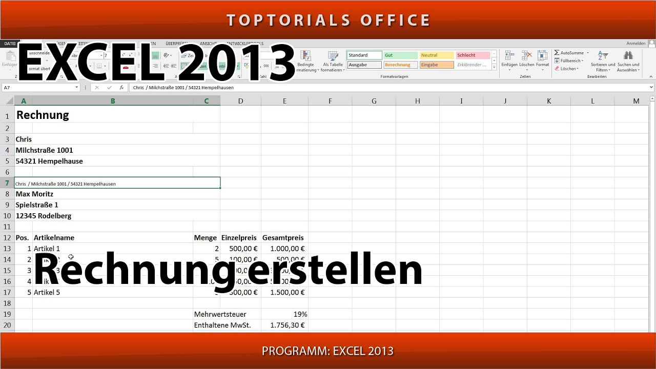 Rechnung / Quittung erstellen ganz einfach (Excel)