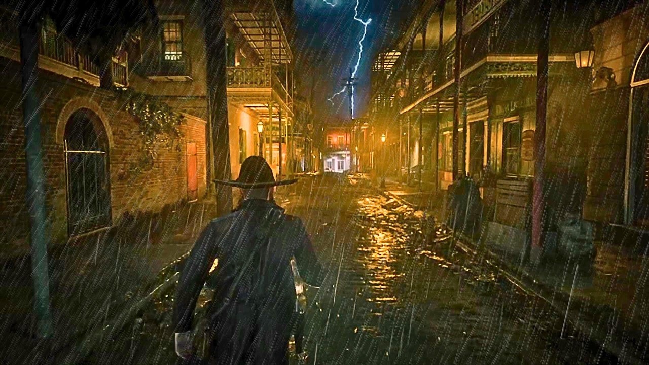 Red Dead Redemption 2 Thunderstorm ASMR Walk in Saint Denis | Rain & Thunder Ambience