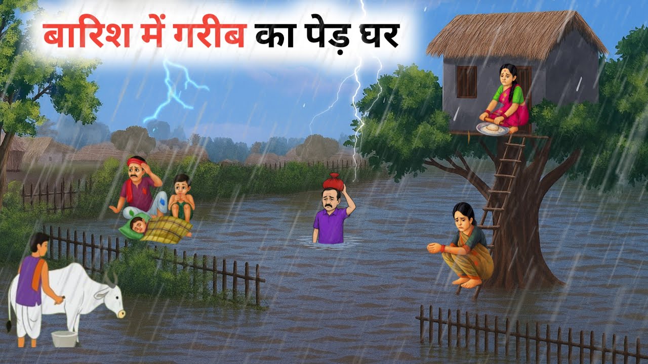 बारिश में गरीब का पेड़ पर घर | Hindi Story | Hindi Kahaniya | Moral Stories | cartoon story