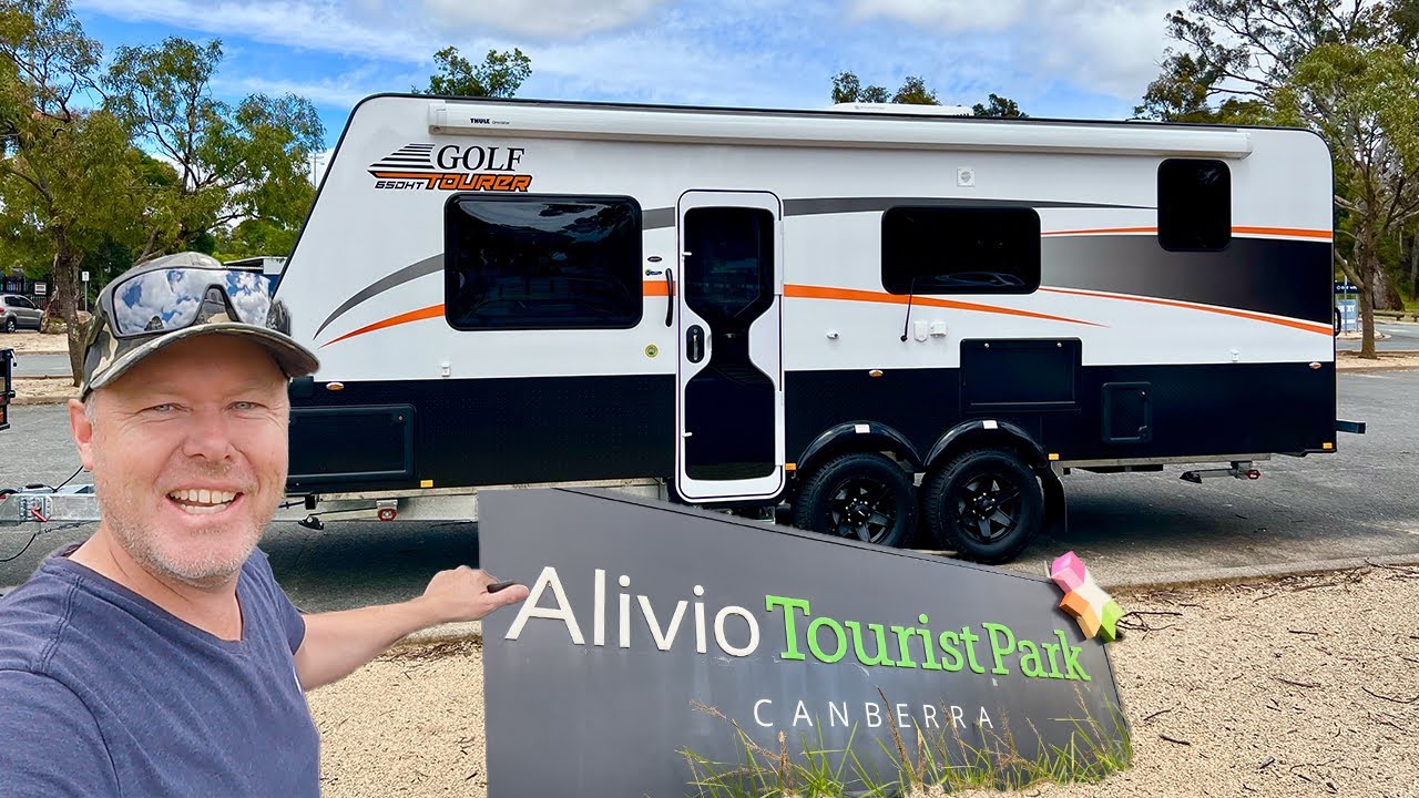 Caravan Cooking in Canberra at Alivio Tourist Park ACT Golf Tourer 650 Triple Bunk