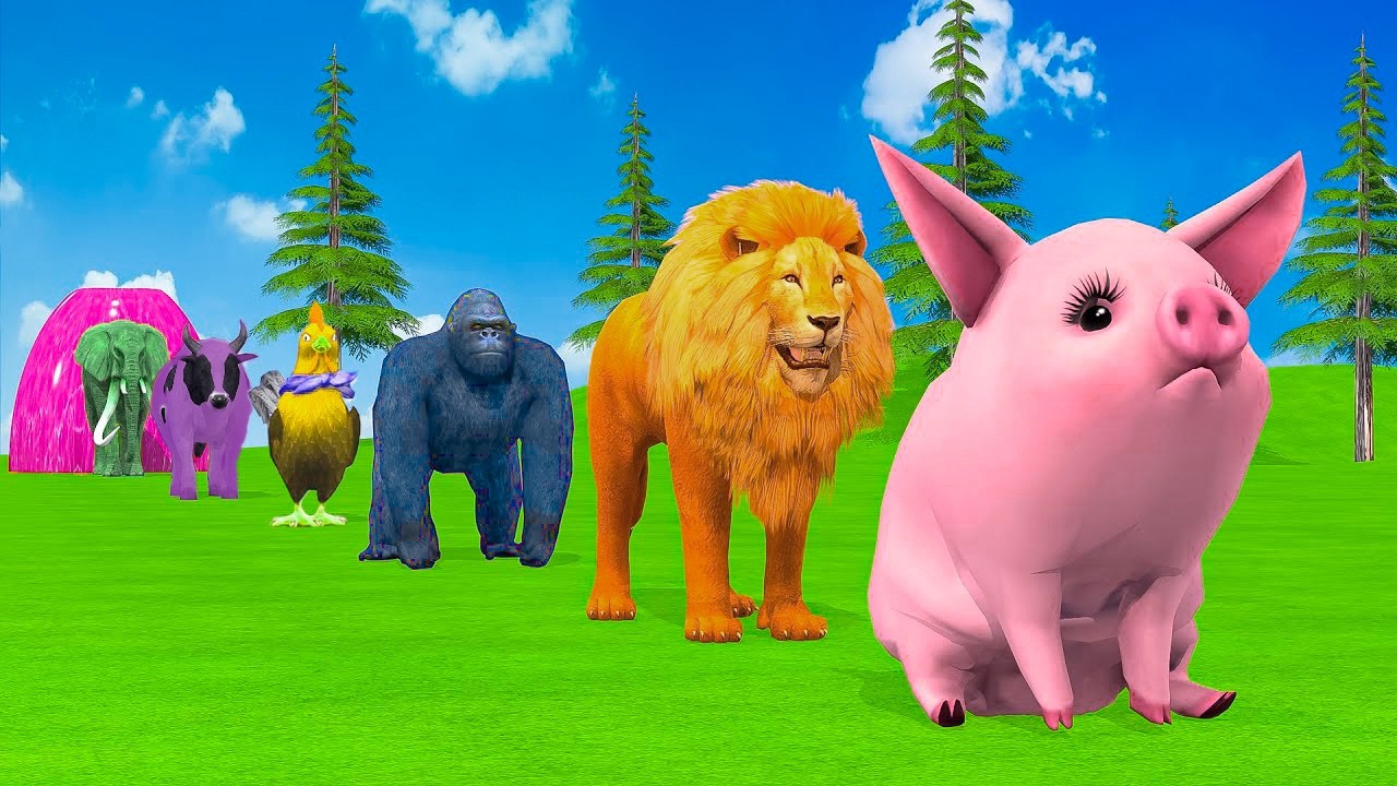 Long Slide Game With Elephant Gorilla Buffalo Hippopotamus Tiger - 3d Animal Game - Funny 3d Animals