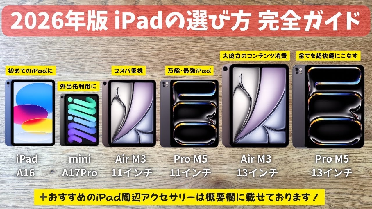 【2026年版 iPadの選び方 完全ガイド】 mini or 11 or 13インチ？｜ストレージ & Cellular｜Pencil ＆キーボード付ケース選び｜価格比較表｜スペック比較表