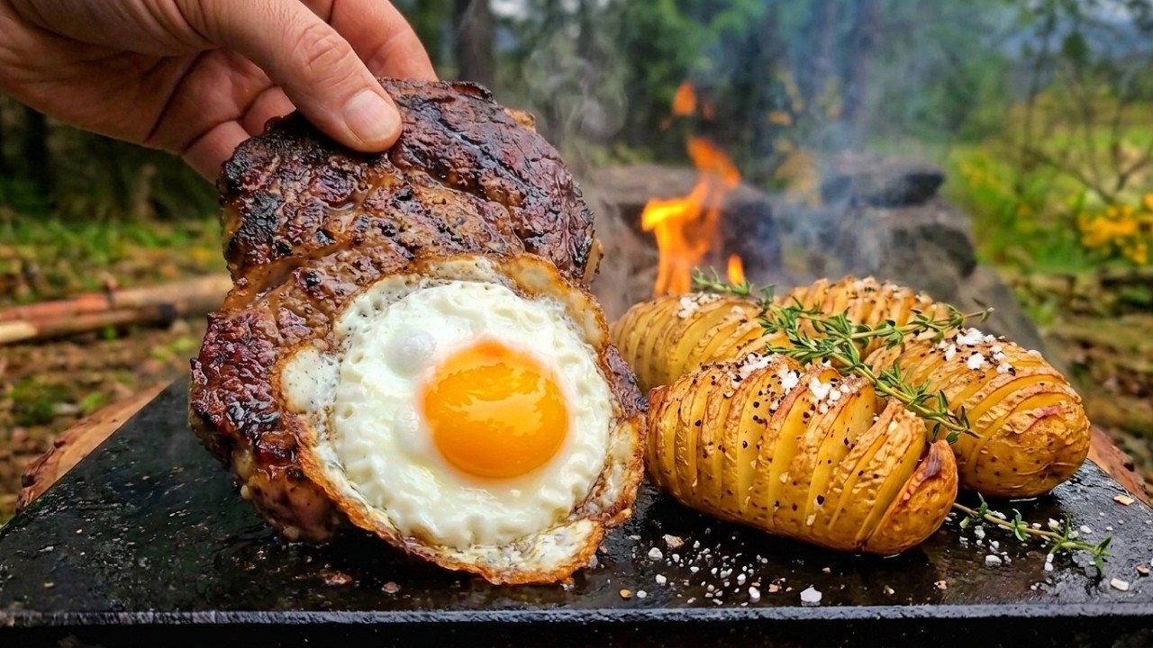 Steak and Eggs on HOT Stone with Crispy Forest Hasselback Potatoes ASMR