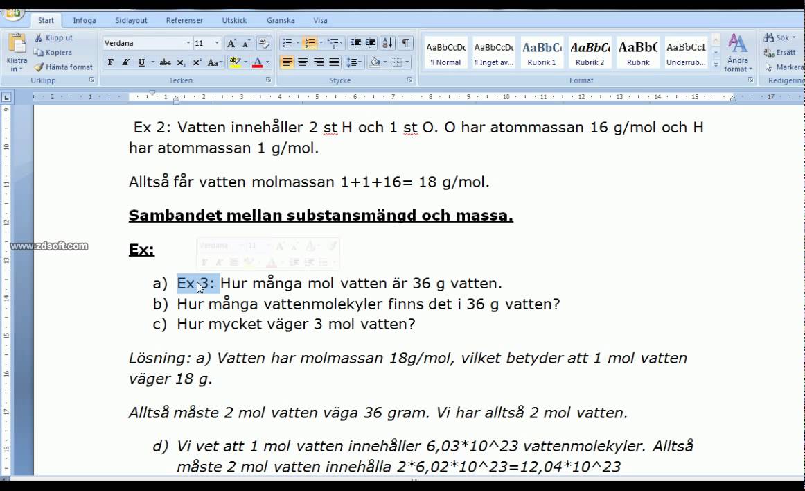 Substansmängd, massa och molmassa kemi 1