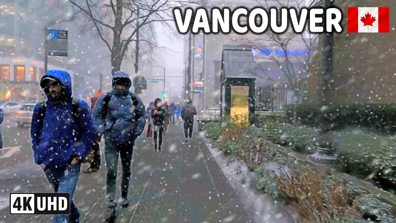 🇨🇦 【4K】❄️❄️❄️ HEAVY SNOWFALL in Downtown Vancouver. BC, Canada. 