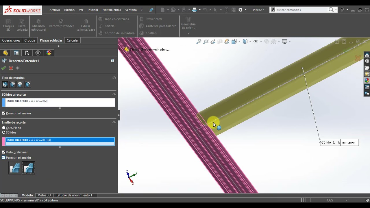 Herramienta recortar extender en solidworks - sistema estructural