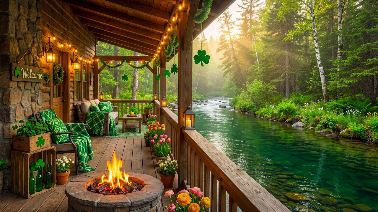 St. Patrick’s Day Cozy Riverside Cabin Porch 🍀🔥 Relaxing Campfire, Birds & Flowing River Sounds