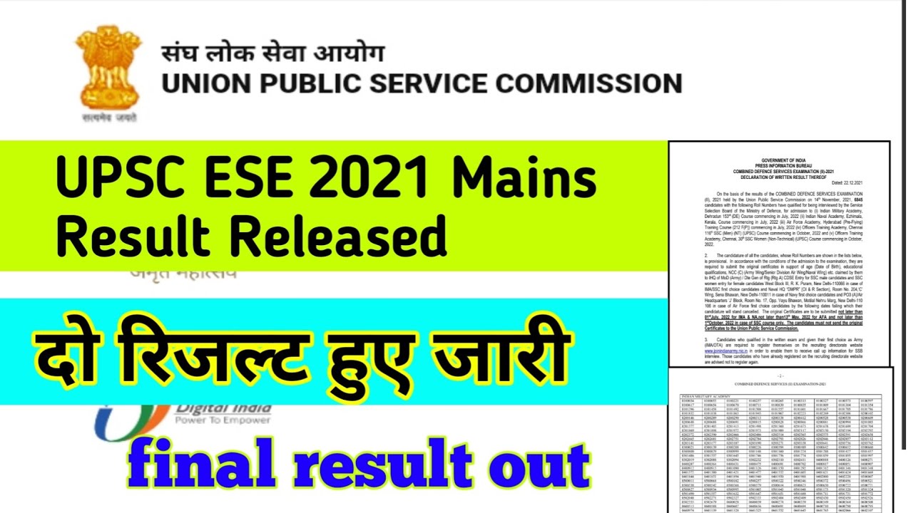 UPSC ESE 2021 Mains Result. UPSC CDS Exam (II) 2021 Written Exam Result.