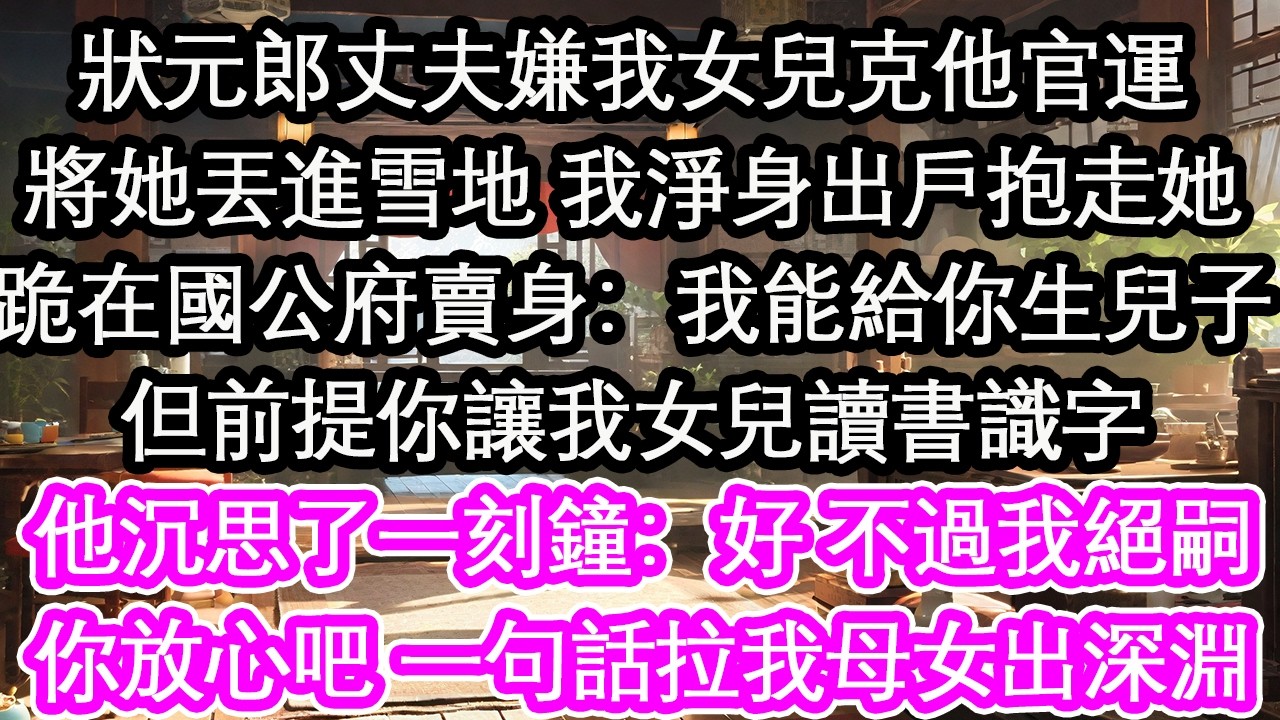 狀元郎丈夫嫌我女兒克他官運將她丟進雪地 我淨身出戶抱走她跪在國公府賣身：我能給你生兒子但前提你讓我女兒讀書識字他沉思了一刻鐘：好 不過我絕嗣你放心吧 一句話拉我母女出深淵【花開】【愛情】【生活】