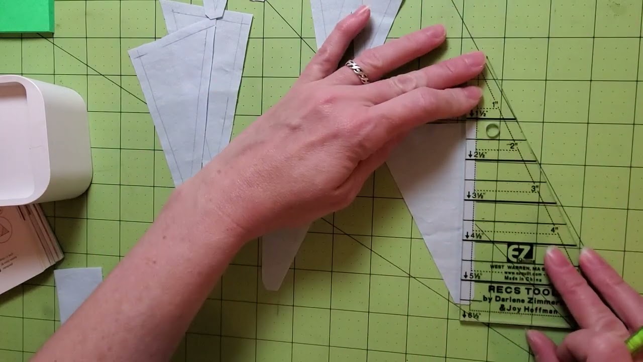 preparing a 54-40 or Fight quilt block for hand stitching. Tri-recs rulers by Darlene Zimmerman