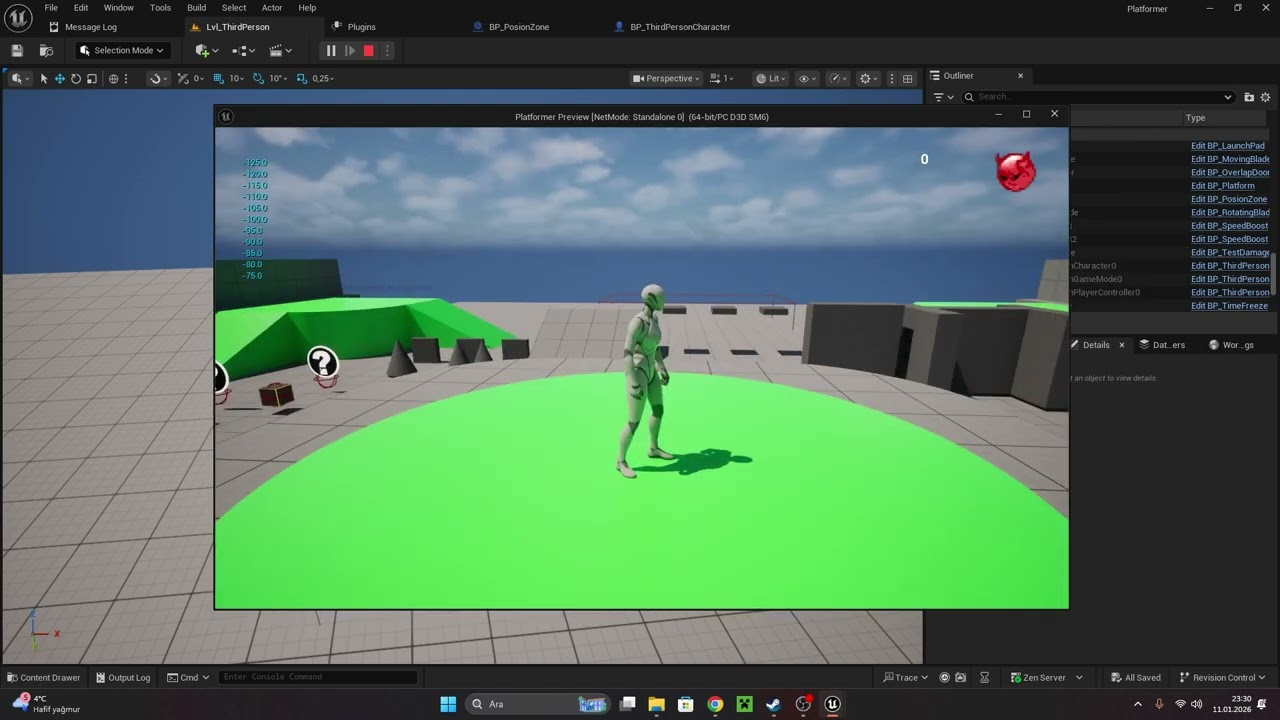Unreal Engine Platformer Oyun Geliştirme Posion Damage Zone