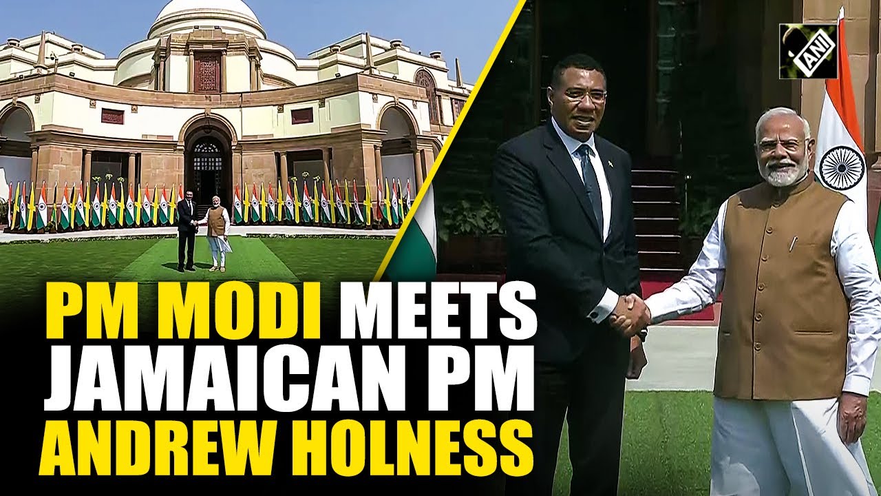 Prime Minister Narendra Modi meets Jamaican PM Andrew Holness at Hyderabad House in Delhi