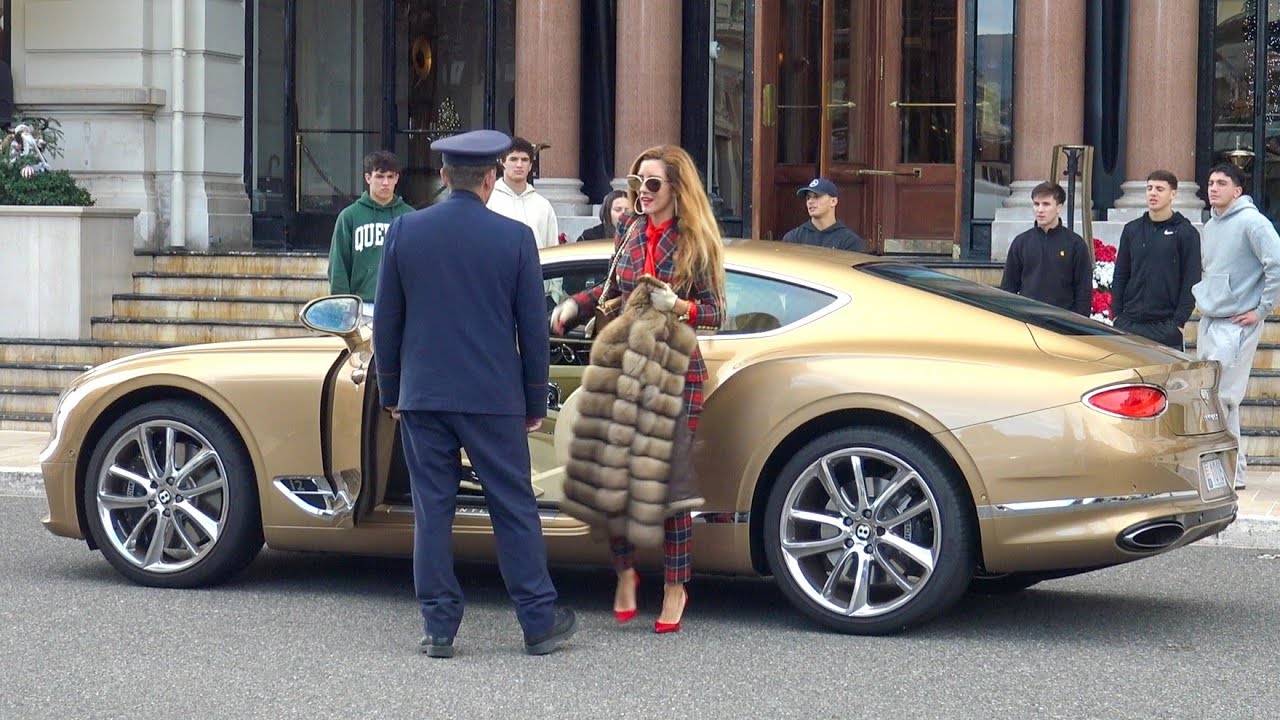 Billionaire BLONDE LADY Arriving with her Golden BENTLEY CONTINENTAL GT at Hotel de Paris!!
