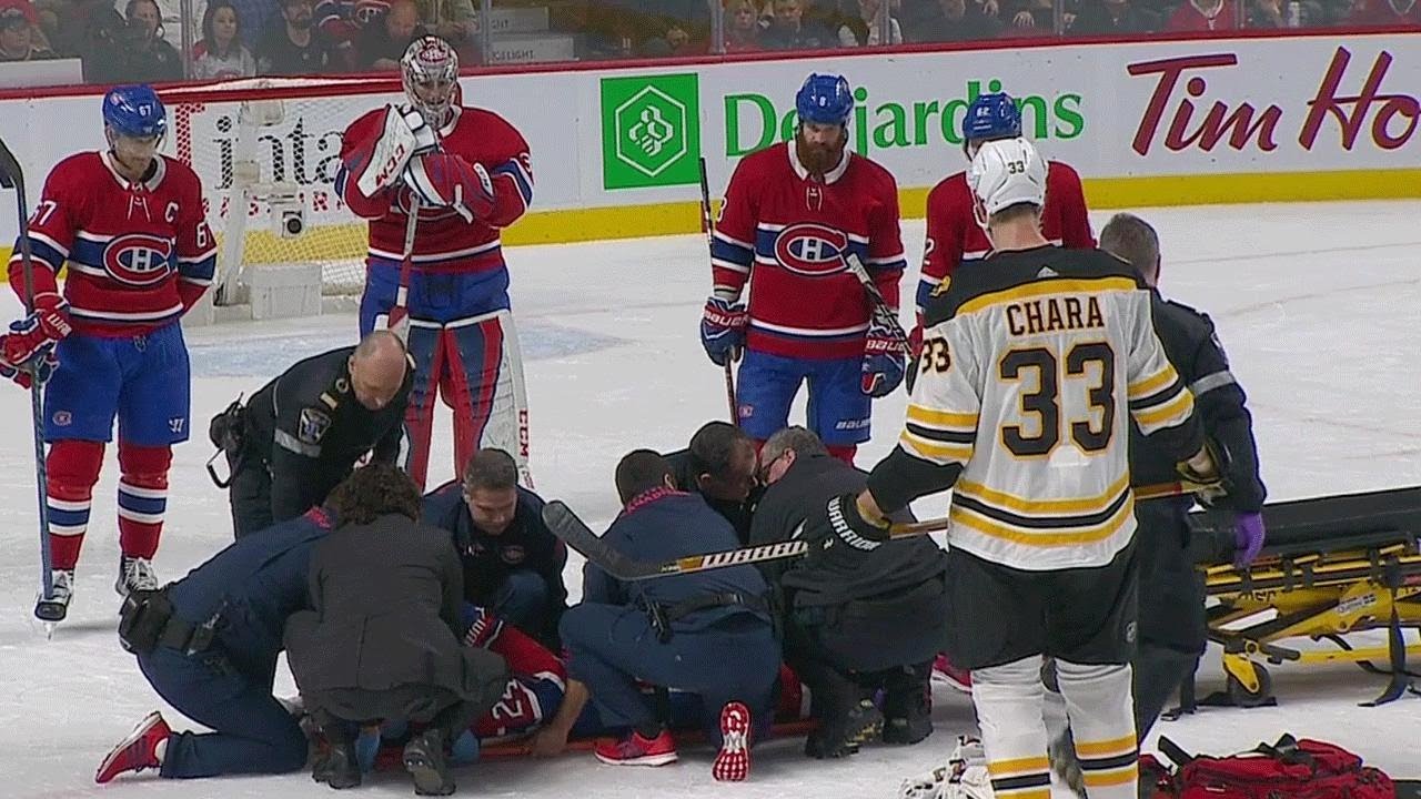Canadiens&rsquo; Danault stretchered off after taking Chara slap shot to the head