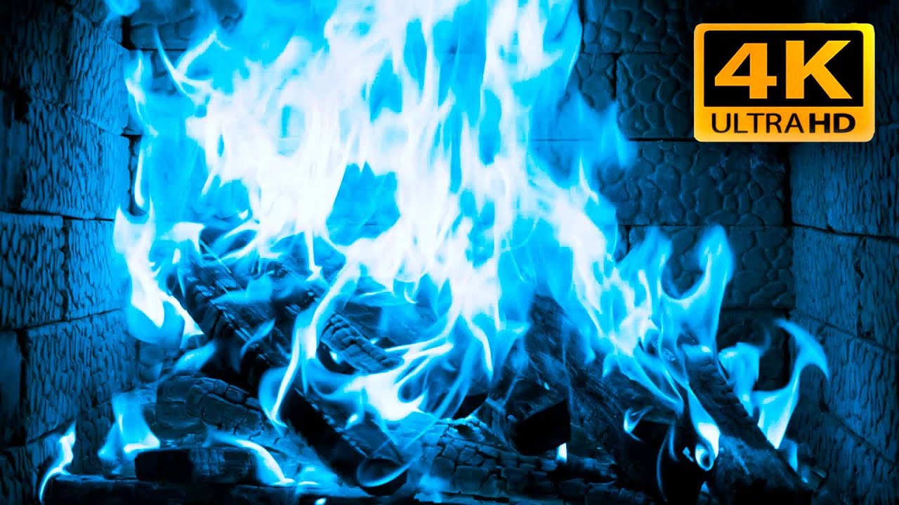 🔥Blue FIRE 4K (no ads). Magic fireplace with crackling fire sounds