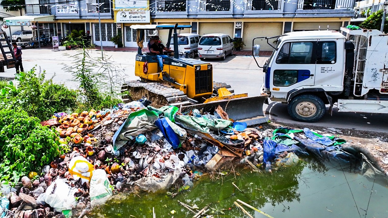 First Start New Project! Landfill Delete Garbage Into Pond Flood By Bulldozer D31P With Dump Trucks
