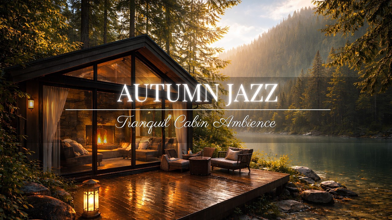 Relaxing Lakeside Jazz Cafe ☕ Cozy Outdoor Cabin Ambience with Fireplace