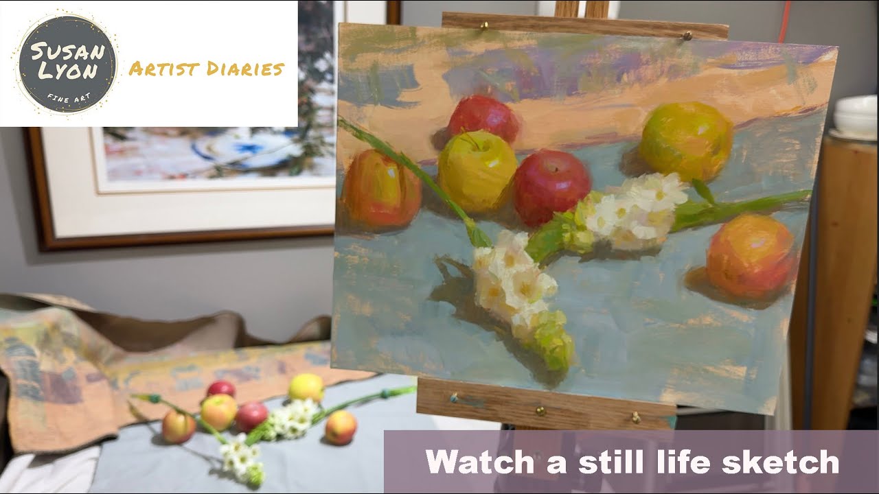 Watch a Still life Sketch of Apples and Flowers