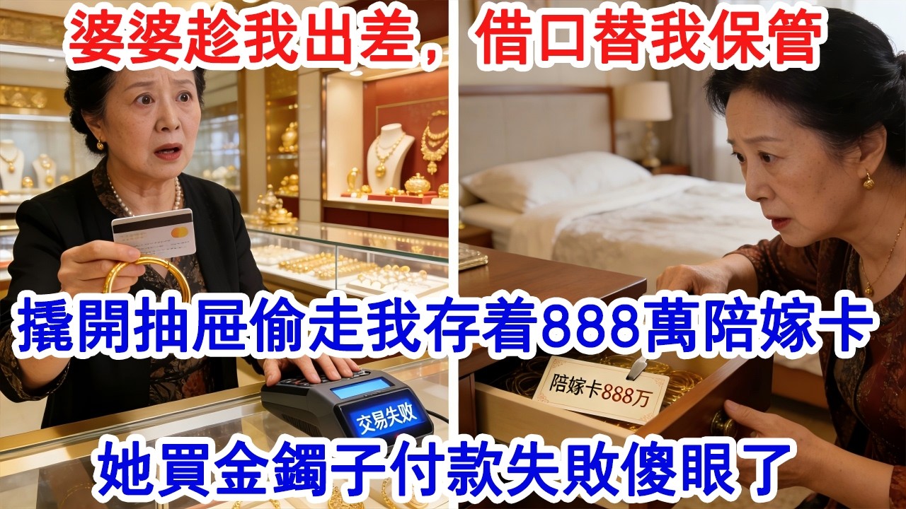 婆婆趁我出差，藉口替我保管。撬開抽屜偷走我存著888萬的陪嫁卡。我立刻去掛失，她買金鐲子付款失敗傻眼了。#家庭故事 #生活經驗 #為人處世