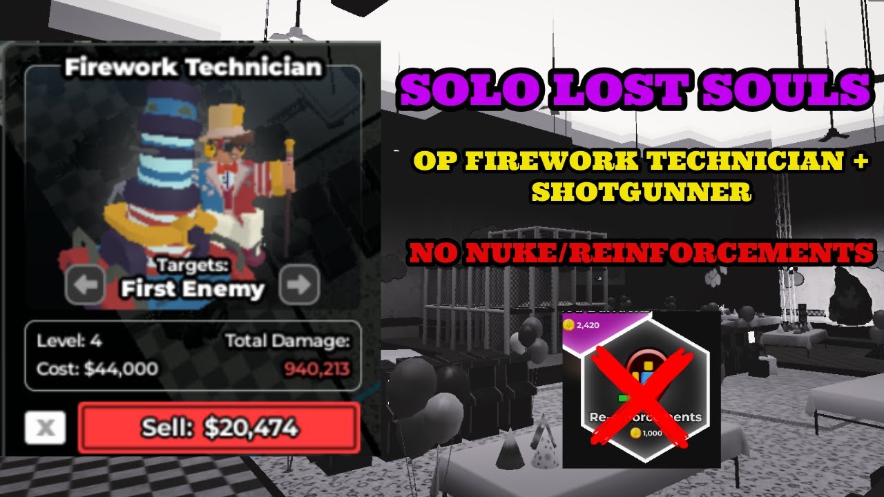 Solo Lost Souls | w/ Firework Technician + Shotgunner | NO NUKE | Tower Defense Simulator