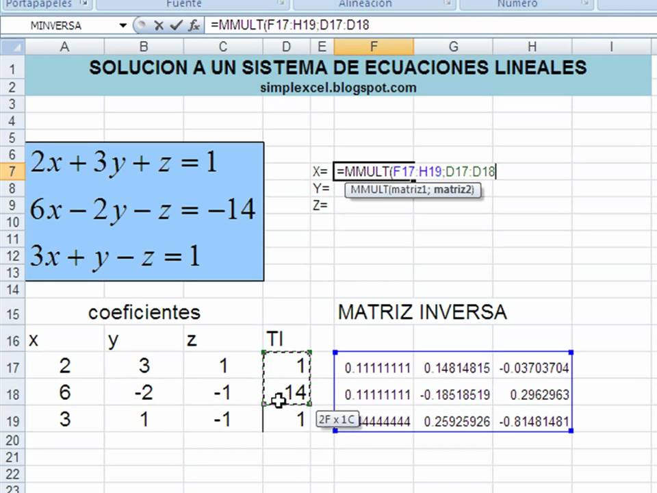 Simplexcel - Solucion ecuaciones lineales con matrices