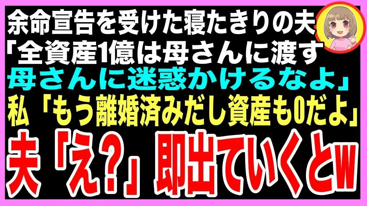 【スカッと】余命宣告を受けた寝たきりの夫「全資産1億は母さんに渡す。文句ないだろ？」私「離婚するからいいよ別に」夫「え」速攻出て行った結果ｗ（朗読）