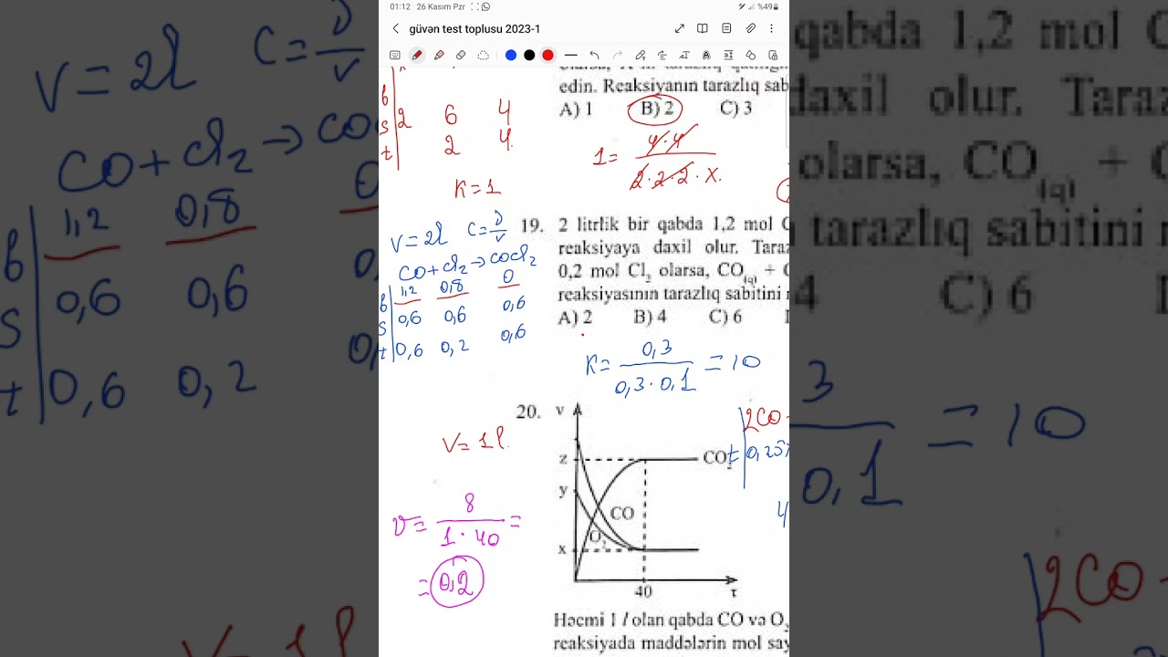 Kimyəvi tarazlıq  Tarazlıq sabiti Güvən 2023 test izahı