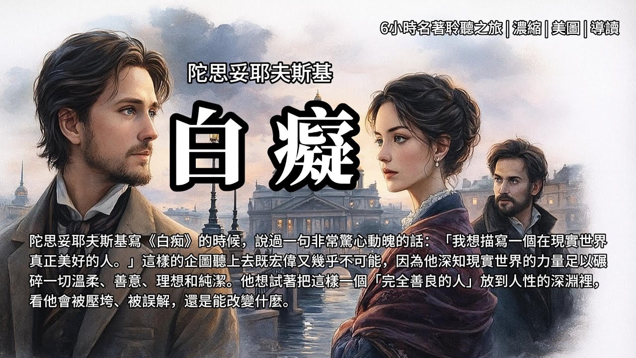 《白痴》陀思妥耶夫斯基 6小時名著聆聽之旅 |《白痴》——一部关于“绝对善良”在俗世中跌宕沉浮的小说。陀思妥耶夫斯基写《白痴》的时候，说过一句非常惊心动魄的话：“我想描写一个在现实世界真正美好的人。”