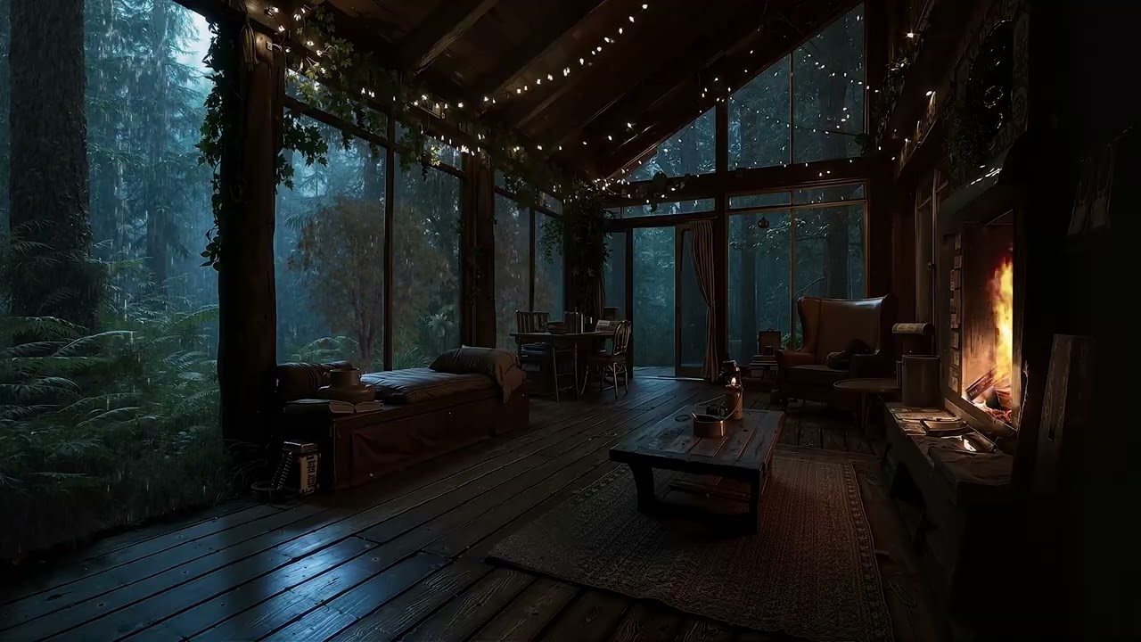 Cabin Night Forest with Fireplace | Cozy Ambience with Rain Sounds to Deep Sleep