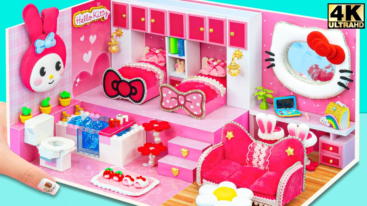 Удивительный розовый домик Hello Kitty с 2 кроватями из картона, бумаги и самодельной ванной LEGO ❤️