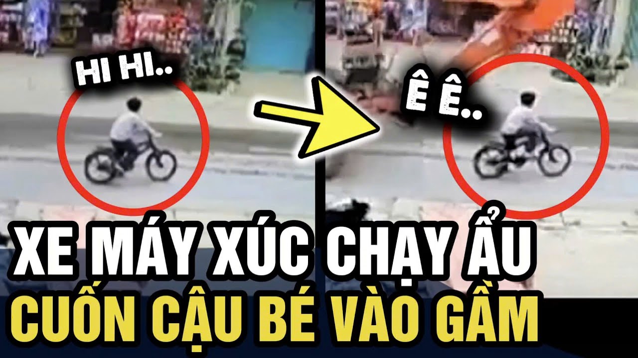 Thót tim clip cậu bé xe đạp BỊ CUỐN VÀO GẦM xe máy xúc | Tin 3 Phút